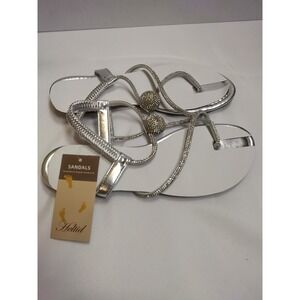 Heltid Womens Rhinestone Thong Sandals Silver Metallic Flat Elastic Strap 7.5